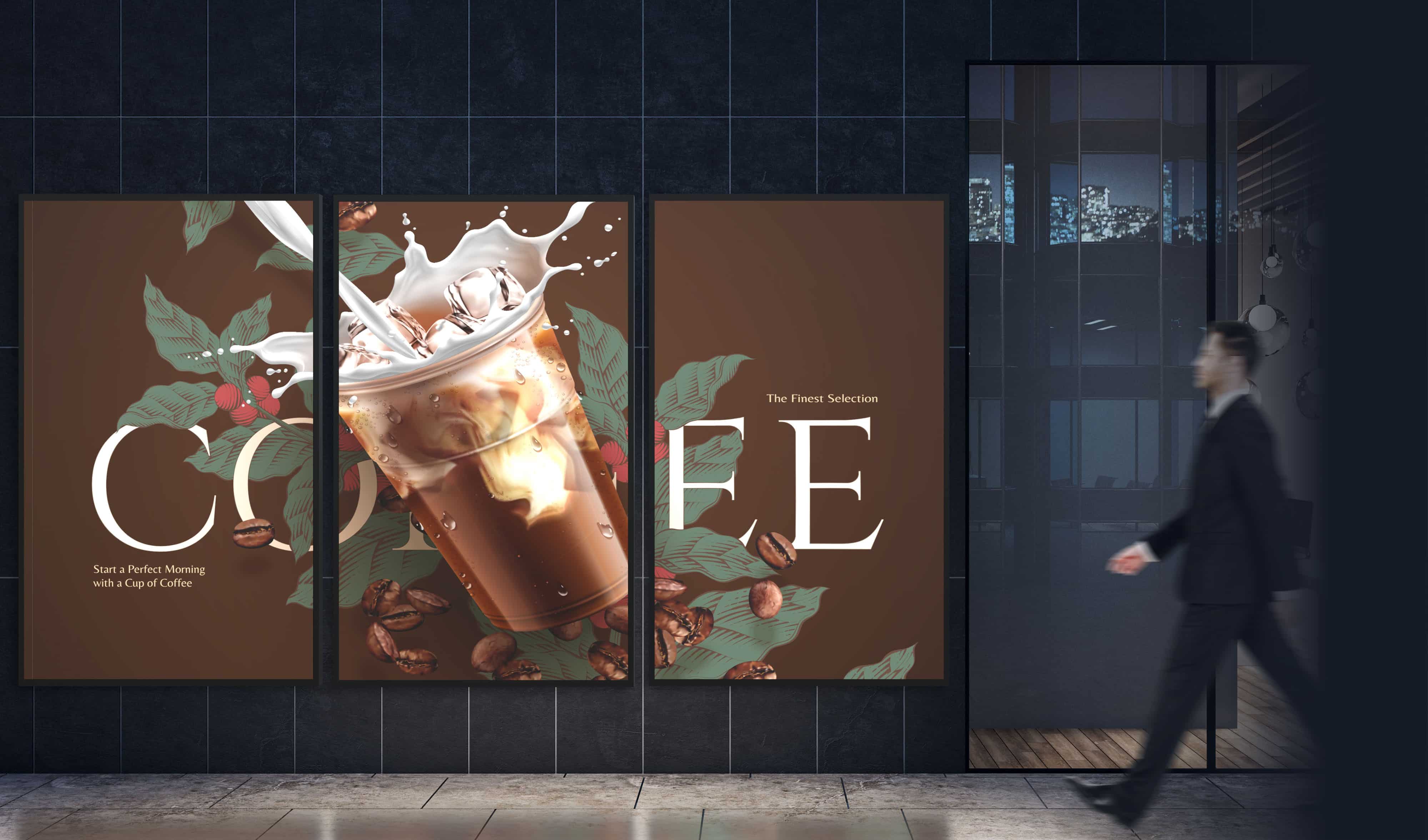 Ein Geschäftsmann geht an einer Digital Signage-Wand vorbei, die aus drei Displays der N-Serie besteht und eine einzige Werbung für ein Kaffeegetränk auf allen drei Displays anzeigt.